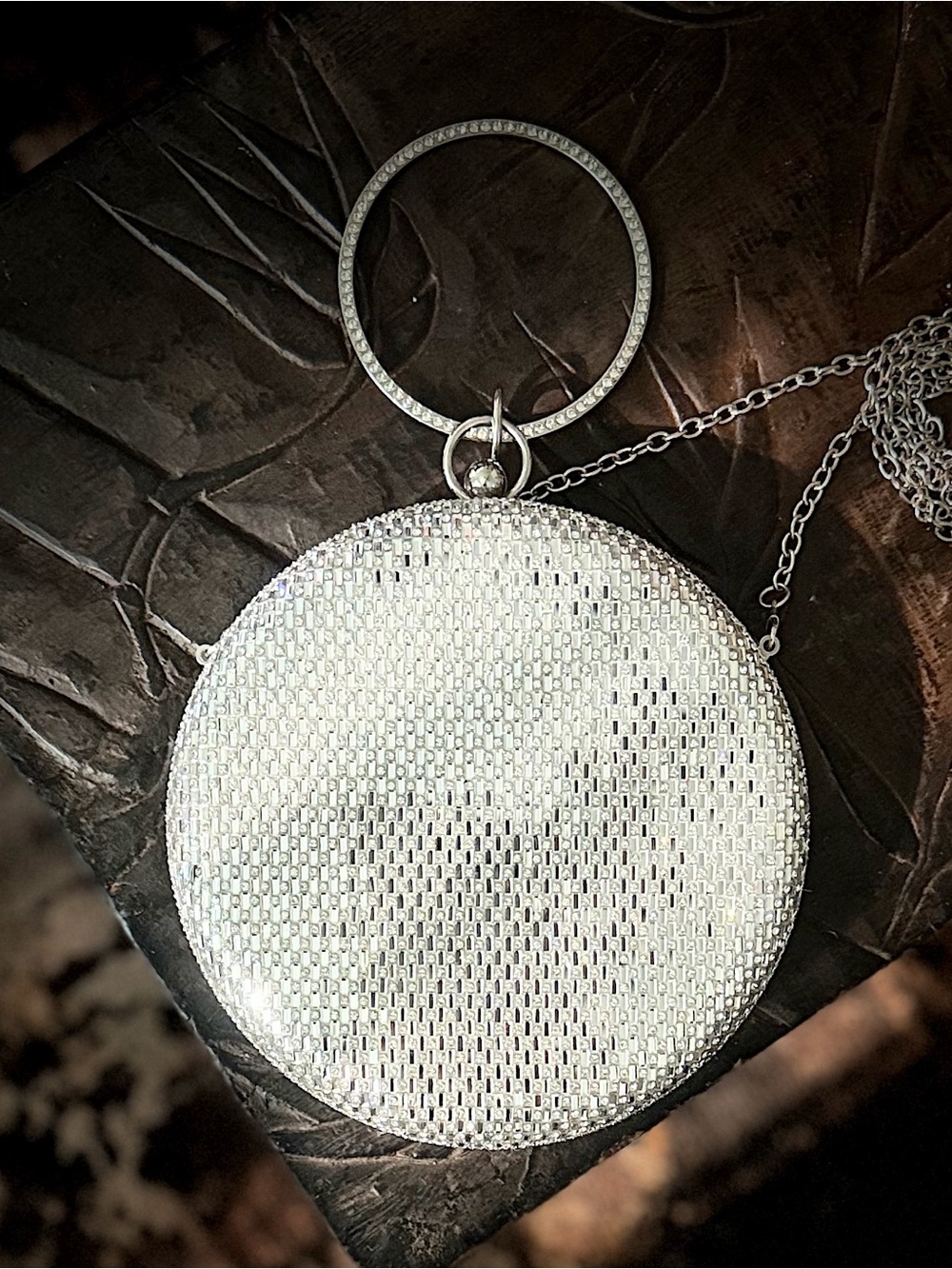 Silver Rhinestone Round Evening Clutch Purse w/ Jeweled Bracelet Handle